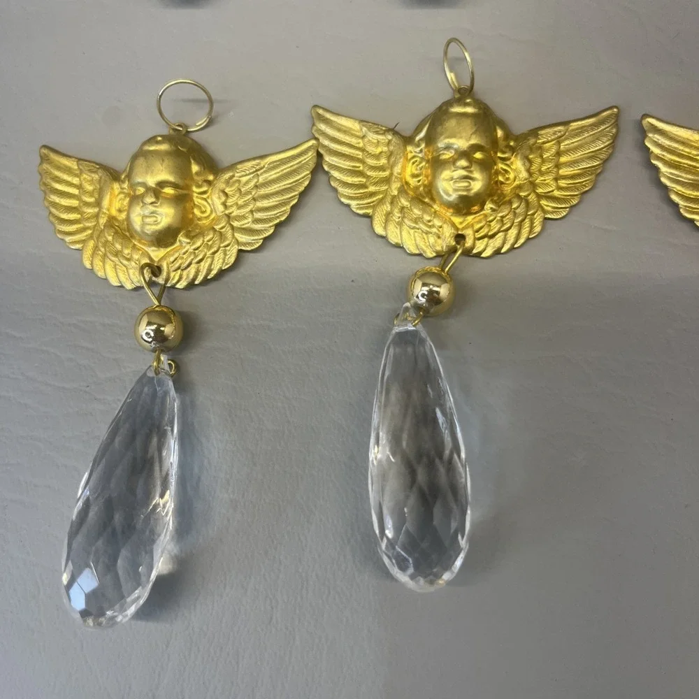 Gold Tone Cherub Angel Face Faceted Teardrop Crystal Charm Ornaments Lot of 10